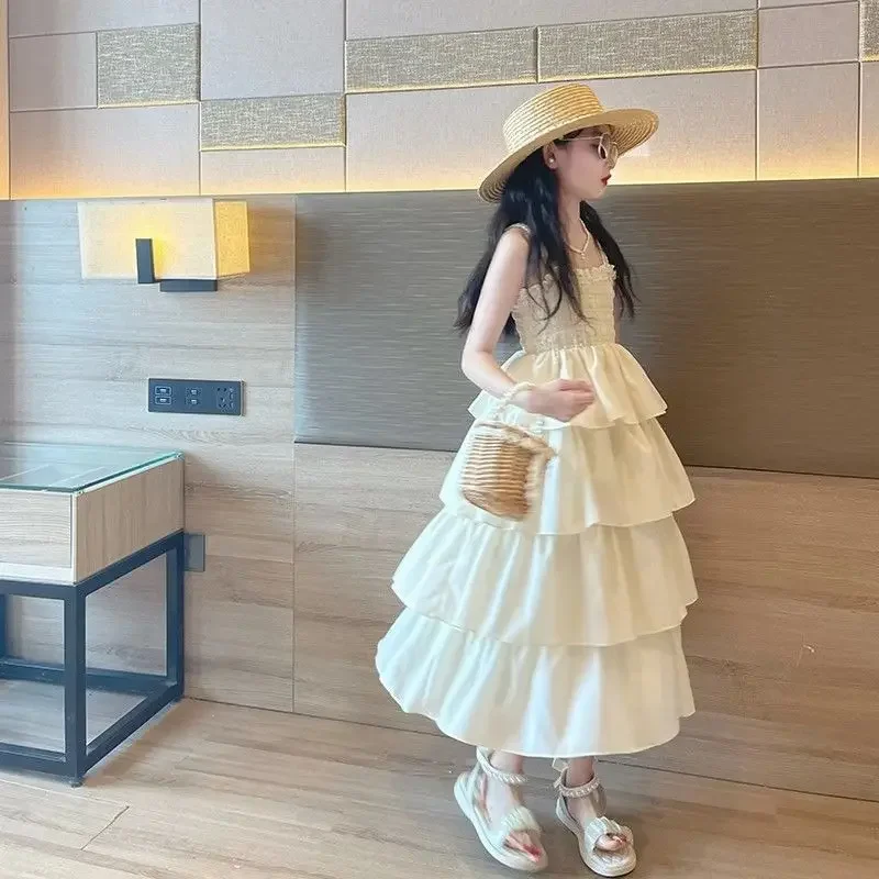 Girl Dress 2023 New Spring Summer Korean Fashion Style Slip Dress Girls Tiered Skirt Sleeveless Princess Dress Casual Dresses