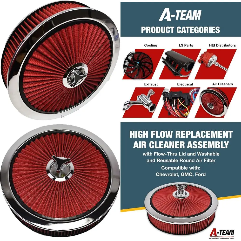 

Universal 14x3 Inch Red Chrome Air Cleaner Assembly with Red Top and Base, Performance Replacement Filter