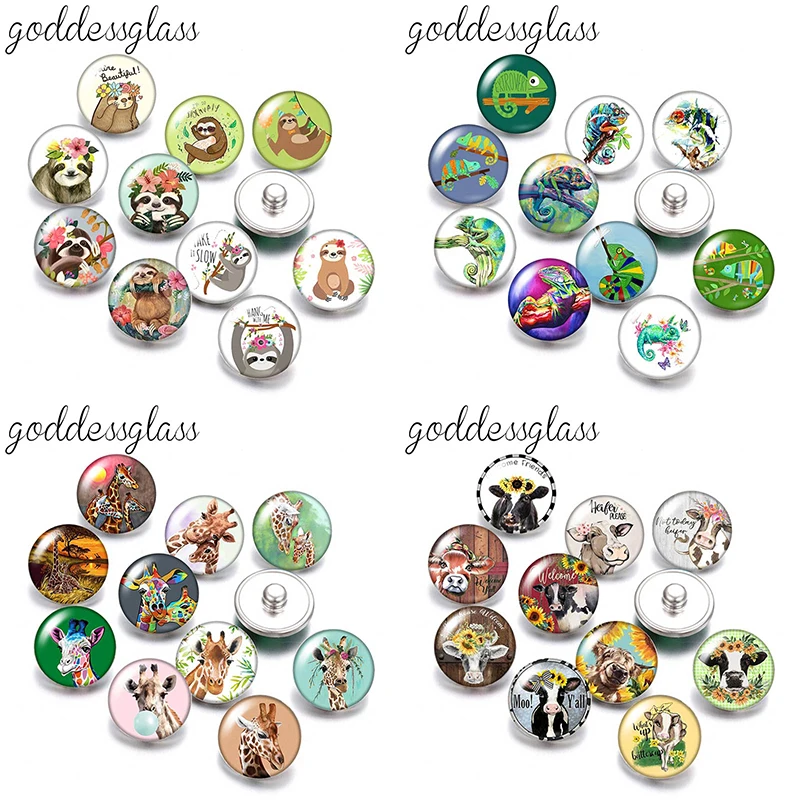 

New Cartoon Animals Fox gecko cow giraffe sloth rabbit penguin octopus 10pcs mix Round photo 18mm/12mm snap buttons DIY findings