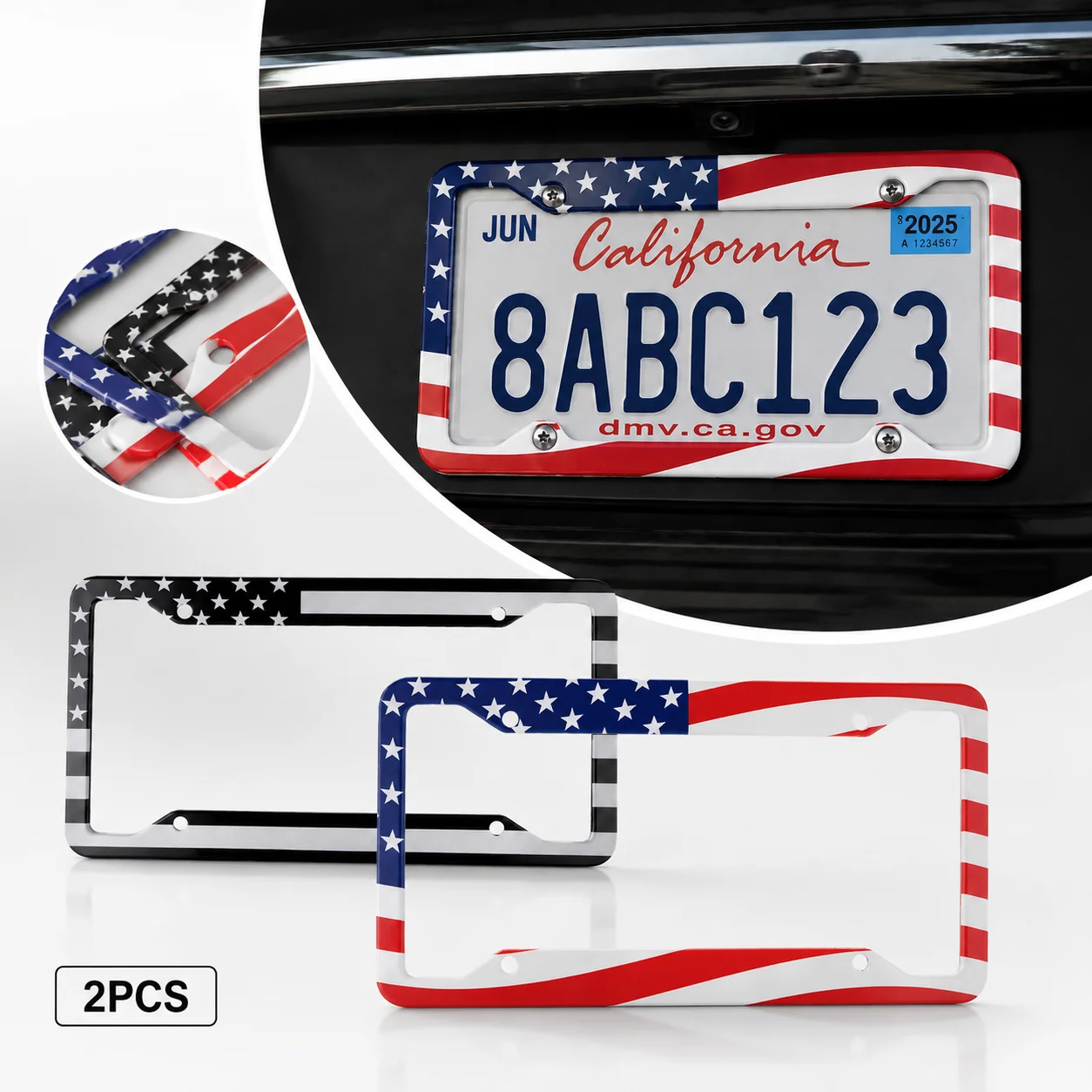 2pcs Universal Aluminum Alloy US Car License Plate Frame Cover Auto Accessory USA Flag Waterproof Number Plate Holder