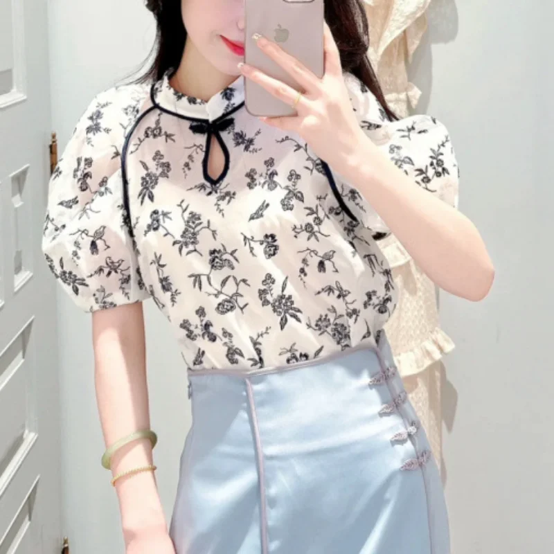 WAKUTA Embroidery O Neck Transparent Camisas 2024 Summer New Hollow Out Vintage Blouses Chinese Heavy Short Sleeve Women Tops