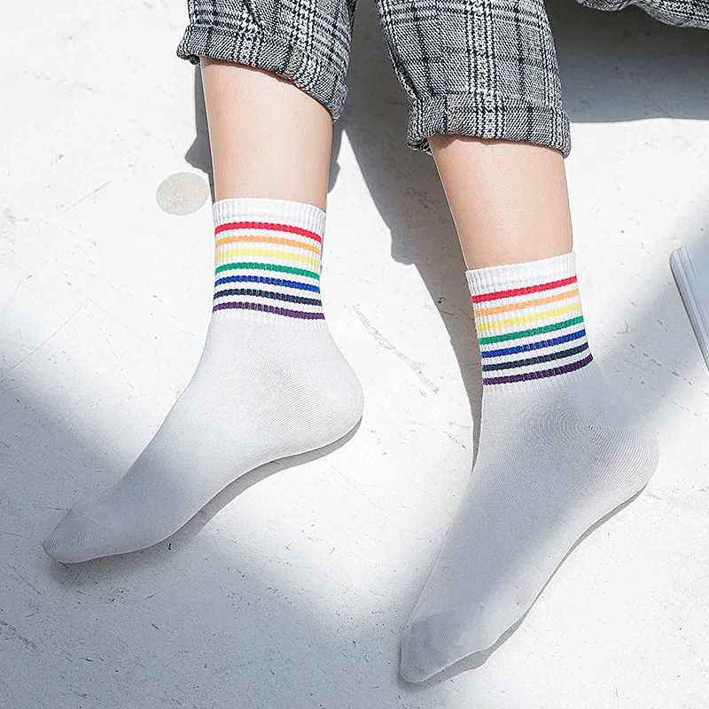 

Women'S Stockings Color Stripe Cotton Long Socks Color Match Fallow Absorb Sweat Cute Socks Uniform Size Unisex White Stockings