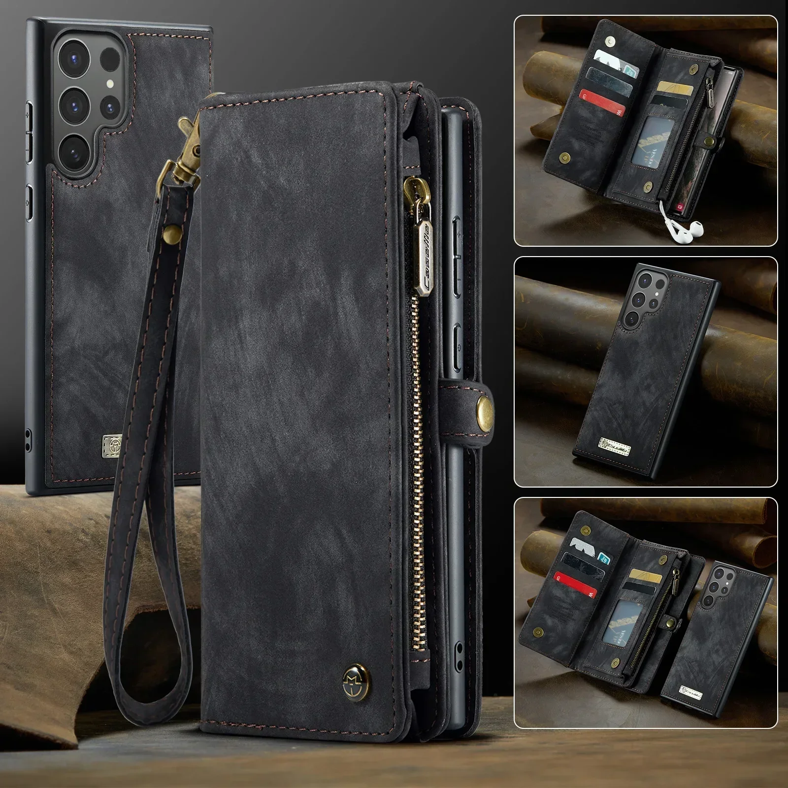 

Case for Samsung Galaxy S25 S24 Ultra Plus Wallet Card Holder Zipper Strap PU Leather Flip with Pen Holder Slot RFID Block Cover