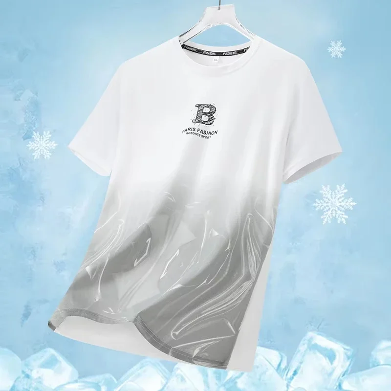 Men's Fashion Print Short Sleeve T-Shirt Summer Thin Breathable Quick Dry Ice Silk Outdoor Running Tees Tops