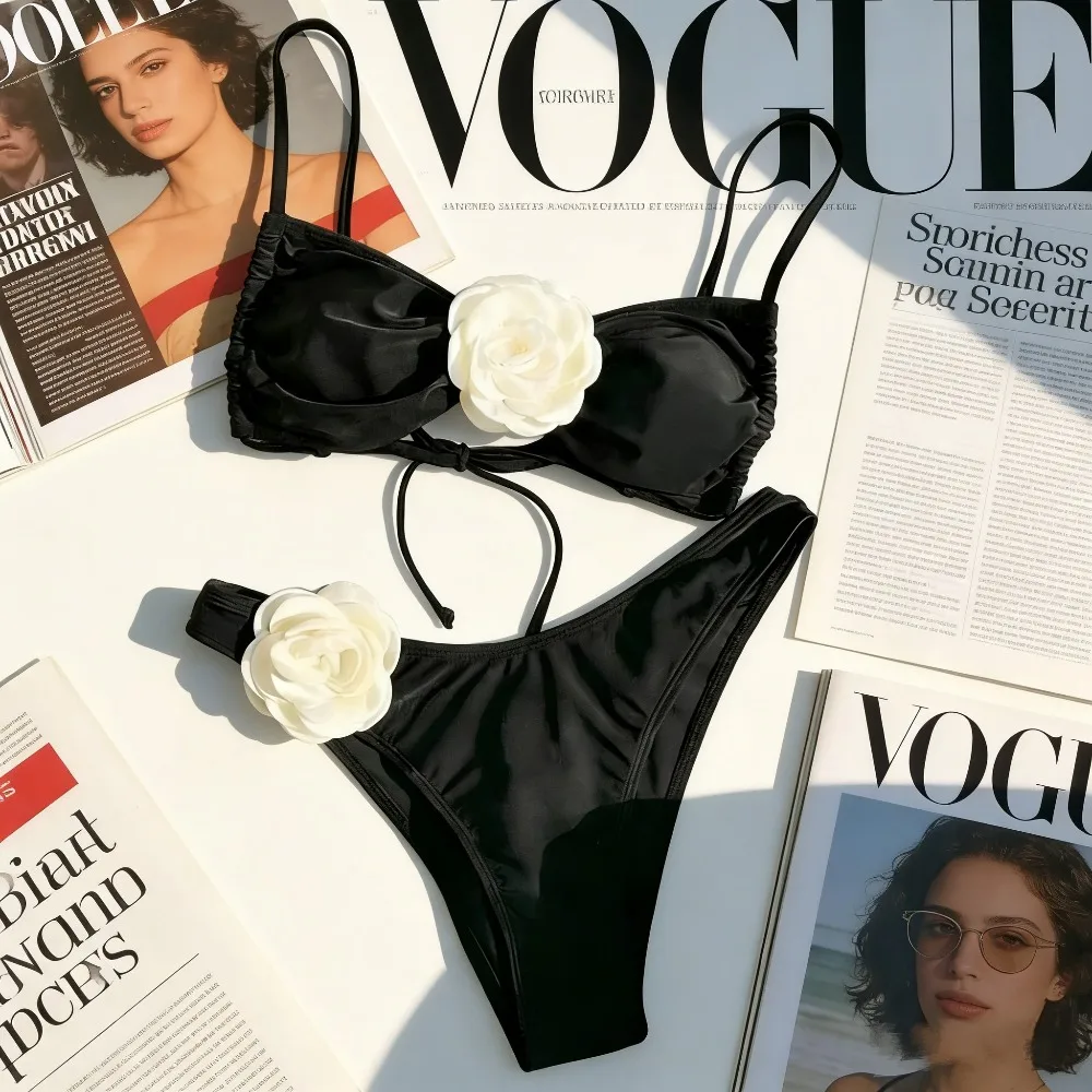 

3D Flower Two Pieces Bikini Swimsuit for Women 2026 New Lace Up Swimwear Female Separate Bandeau Biquini Beach Bathing Suit