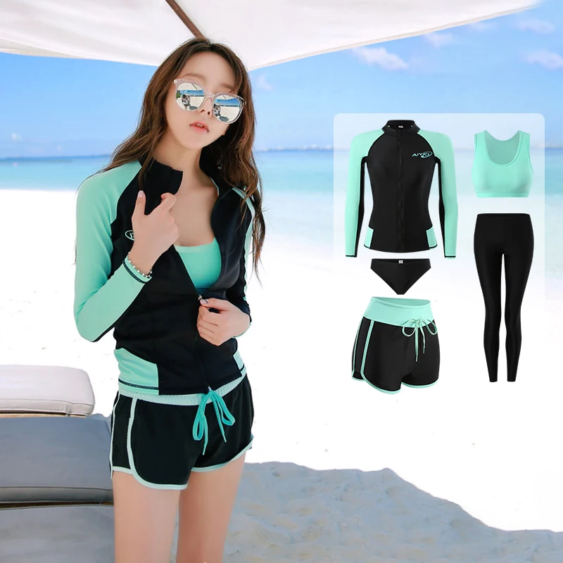 Long Sleeve Rash Guard Women Patchwork 5 Pieces Swimsuit Zipper Swimwear Bathing Suits Surfing Pad Long Pant Couples Men 3 Piece