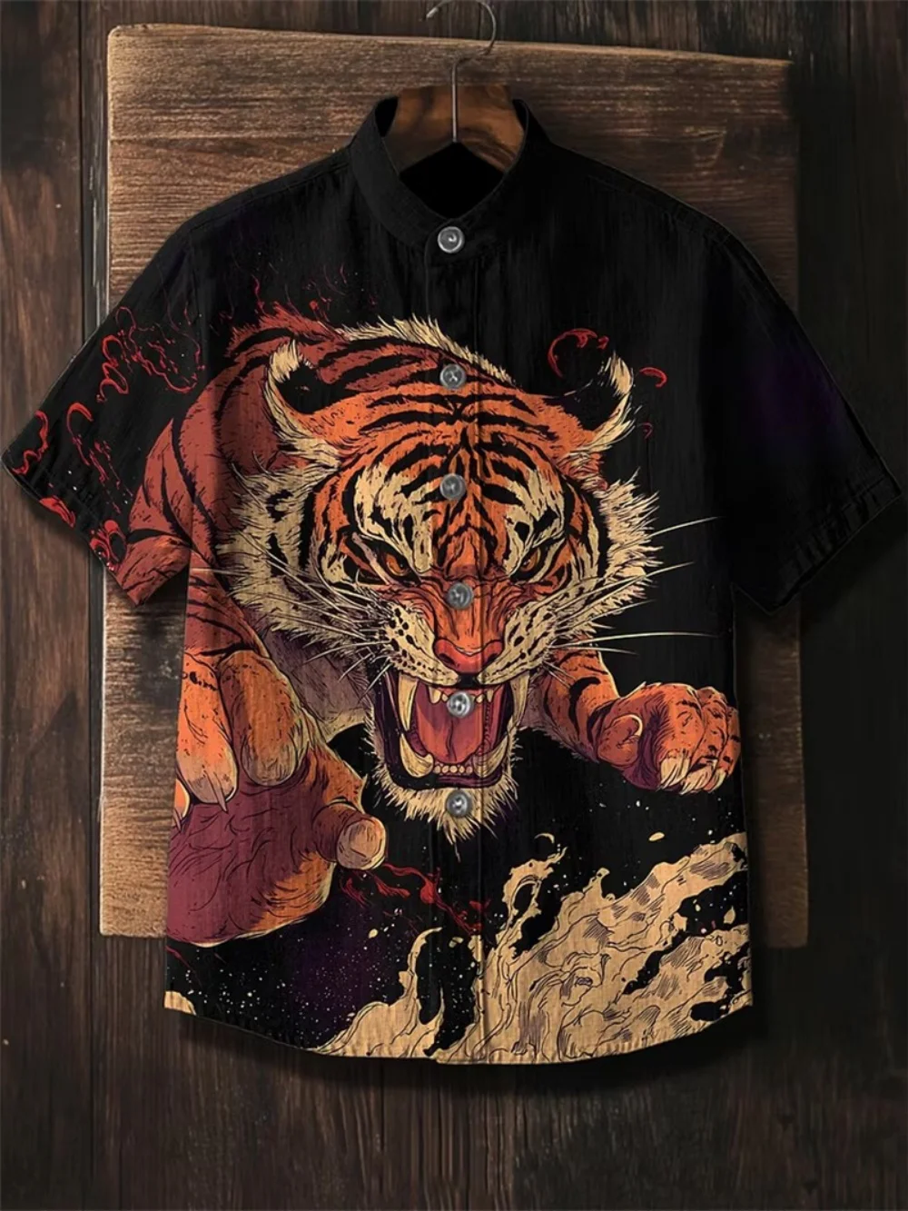 Men's retro ukiyo-e tiger pattern standing collar short sleeved shirt, retro wave pattern button casual shirt, summer streetwear