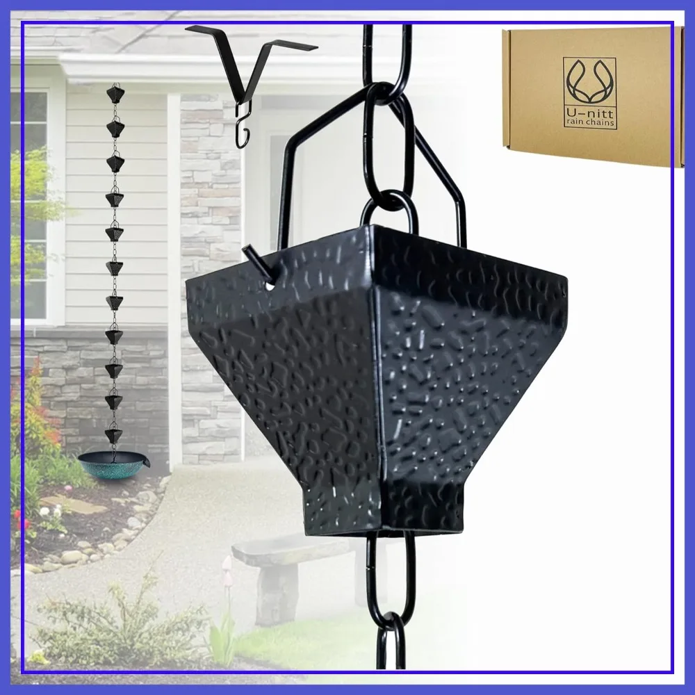 

Rain Chain Water Collection for Gutters, 8.5 FT Black Square Cups, Roof Downspout, Works with Heavy Rain, w/Gutter Clip