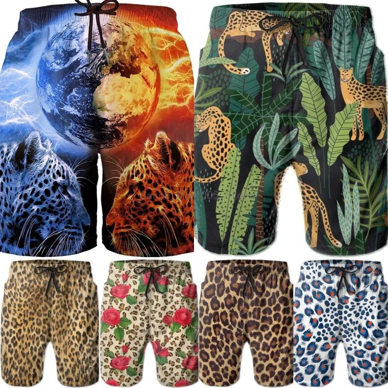 Leopard Hawaii Graphic Beach Shorts Pants Men 3D Printed Surfing Board Shorts Summer Hawaii Swimsuit Swim Trunks Cool Ice Shorts