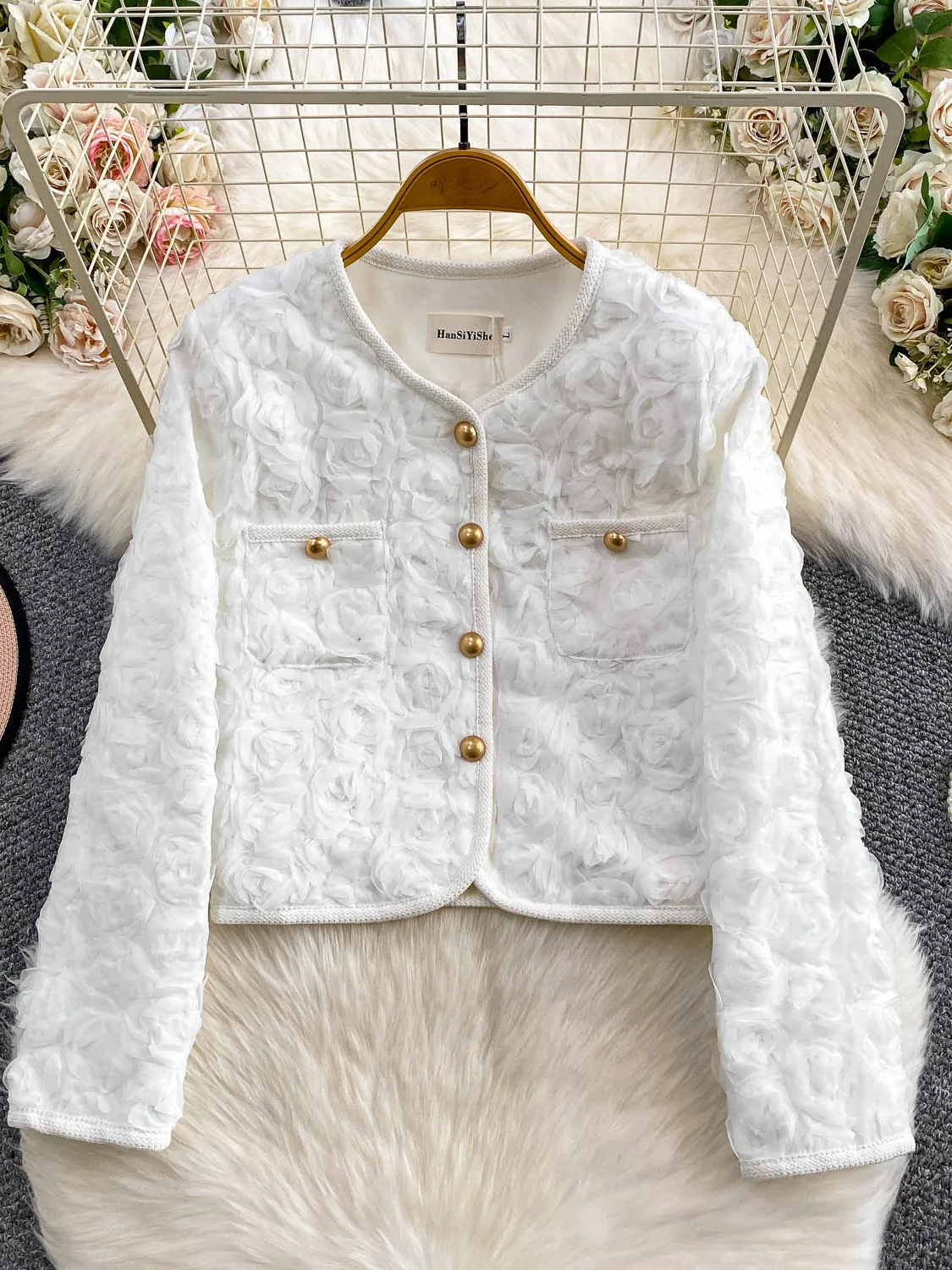 Sweet Fraance Sle Round Ne Ort Oberbekleidung Damen Luxus Design Metall Bule Top Floral 3D Verzierung Slim Fit Mantel