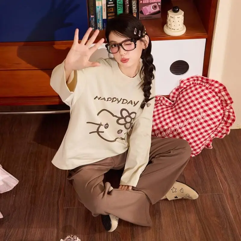 

Женский пижамный комплект Sanrio Hello Kitty, комплект одежды для сна с длинными рукавами, хлопковый комплект больших размеров, домашняя одежда для девочек, милый, новый, весна-осень