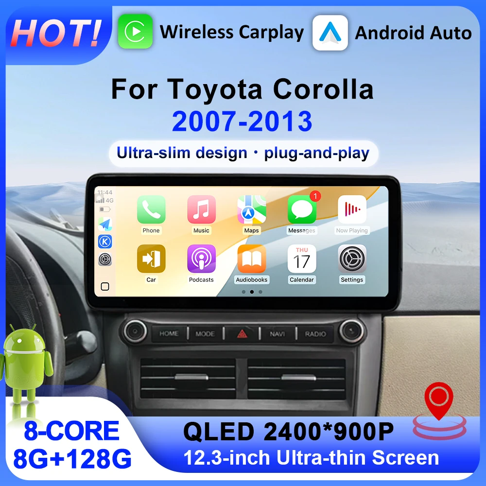 

Для Toyota Corolla 2007-2013 аудиоплеер автомобильные аксессуары беспроводной Carplay Android Auto WiFi 4G BT DSP GPS 12,3-дюймовый QLED экран