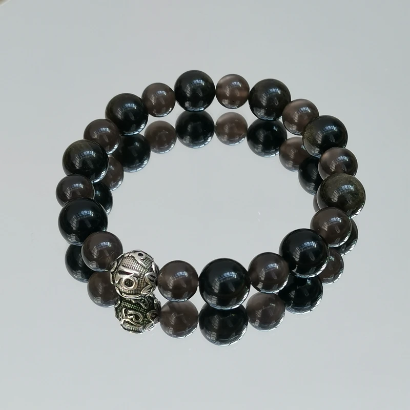 Lii Ji Real Stone Black Bracelet Obsidian Bracelet 925 Sterling Silver Good Luck Beads 16cm Women Men Bracelet