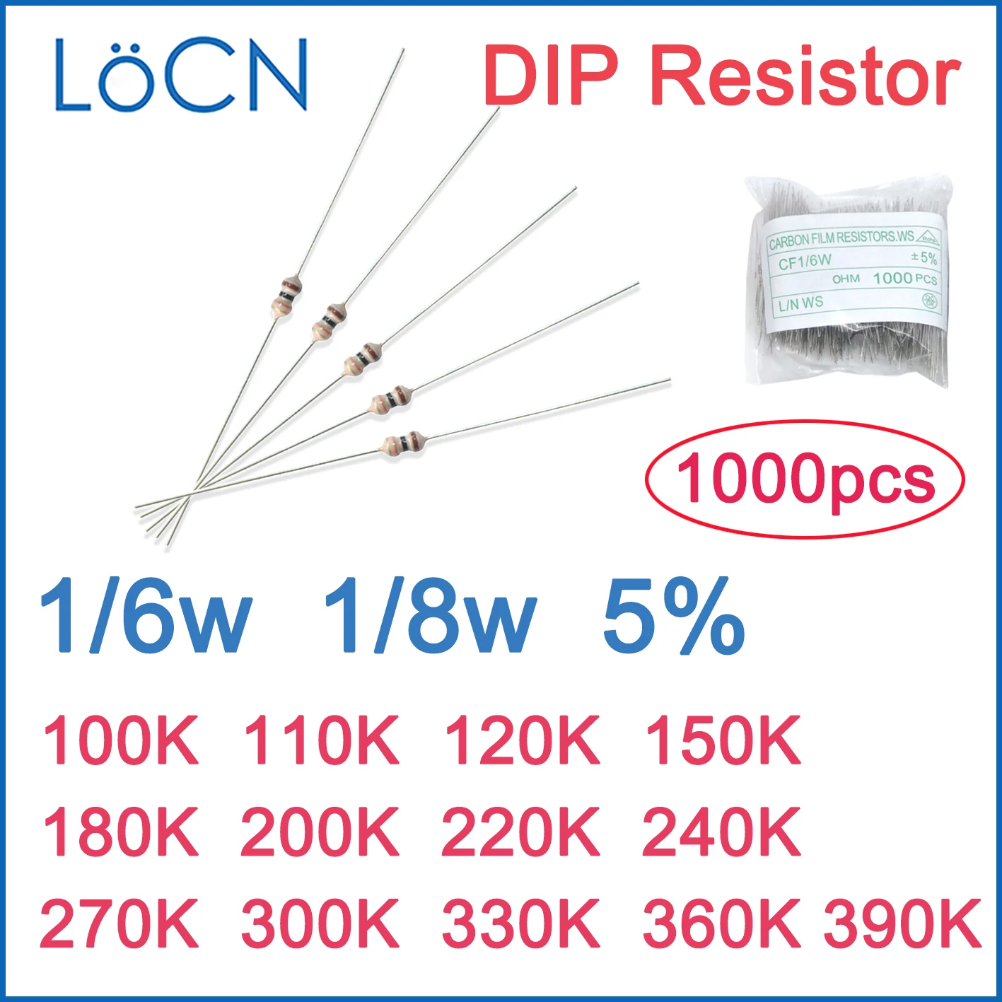 1000pcs 5% 1/6W 1/8W ตัวต้านทานฟิล์มคาร์บอน DIP 100K 110K 120K 150K 180K 200K 220K 240K 270K 300K 330K 360K 390K OHM