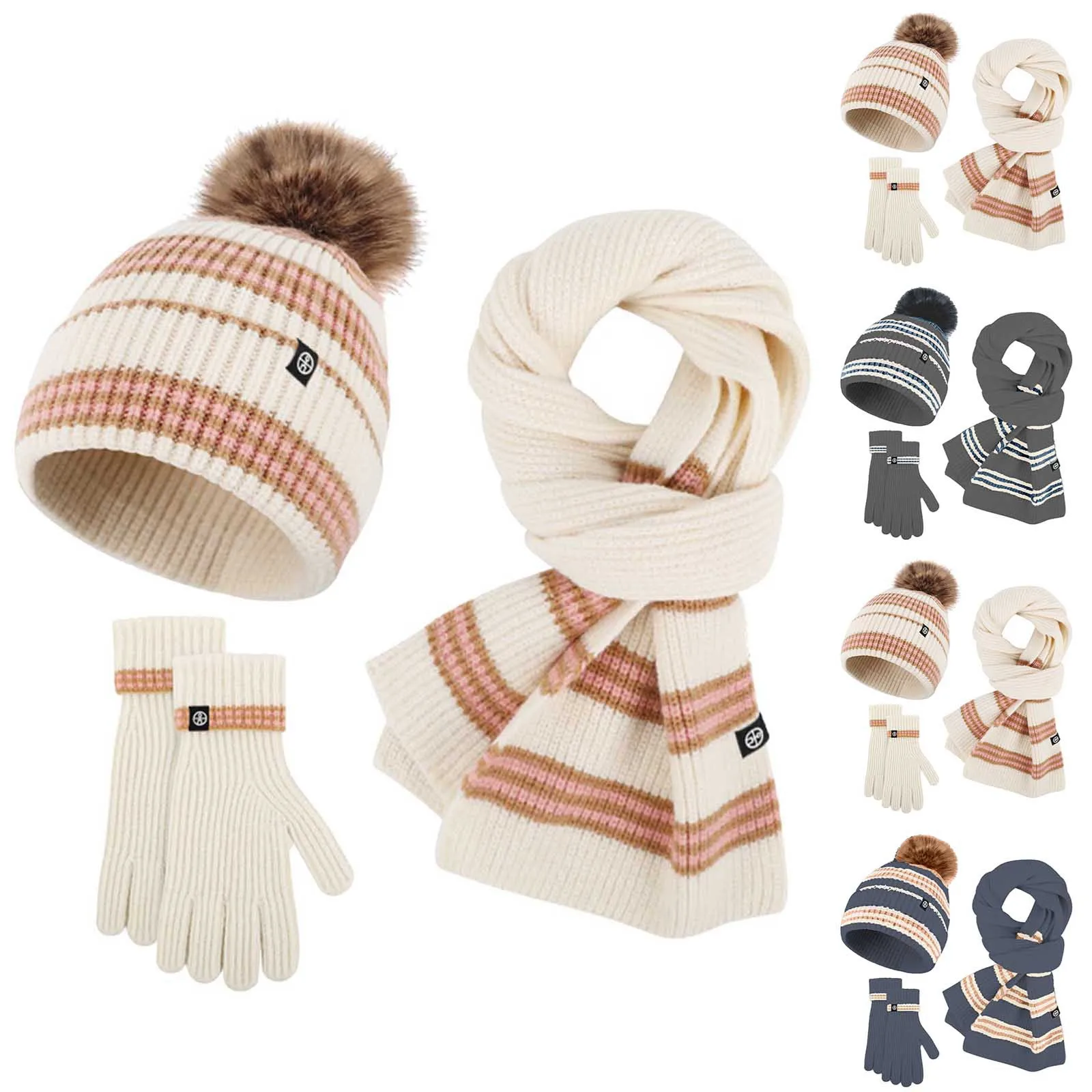 Strickmütze mit Pompom, gestreifter Schal, warm halten, Vollfinger-Fäustlinge, 3-teilig, für Damen, Winter, Beanie, Mütze, Schal, Handschuhe, Set, dick, warm, 2025