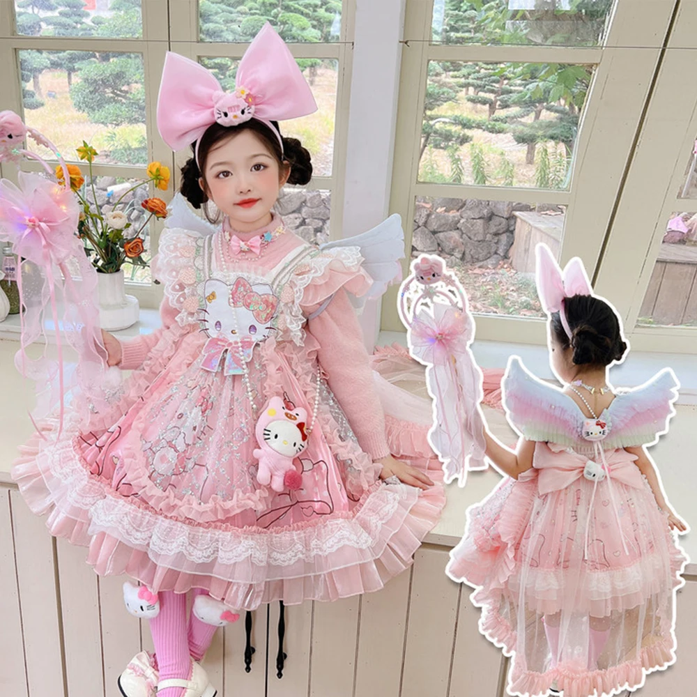

Anime Hello Kitty Children Lolita Princess Dress Lace Party Dress for Girls Kawaii Bow Ruffled Tutu Dress Princess Costume Gift