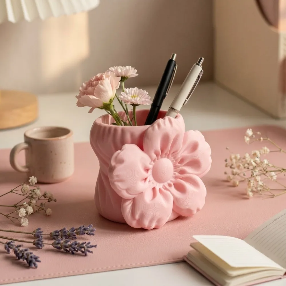 Desktop Organizer Puff Flower Pen Holder Stationery Storage Makeup Brush Bin Cherry Blossom Ornament Pencil Rack Stable