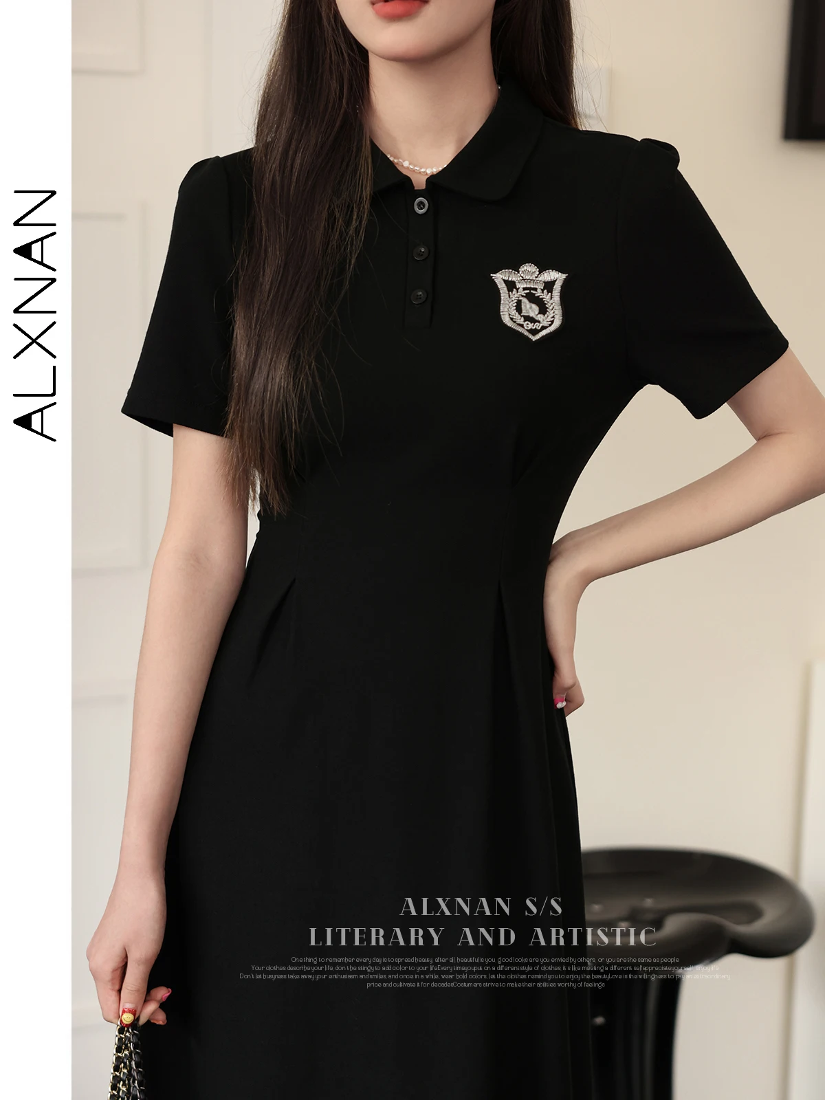 ALXNAN Polo Collar Black T-shirt Dress Woman 2024 Summer Solid Casual A-line Short Sleeve Women's Dresses Clothing LXN29826