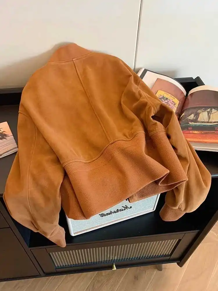 المرأة البرتقال الخريف سترة من جلد الغزال معطف Vintage Harajuku الجمالية طويلة الأكمام موستانج البيسبول سترة ملابس خارجية 2000s الملابس