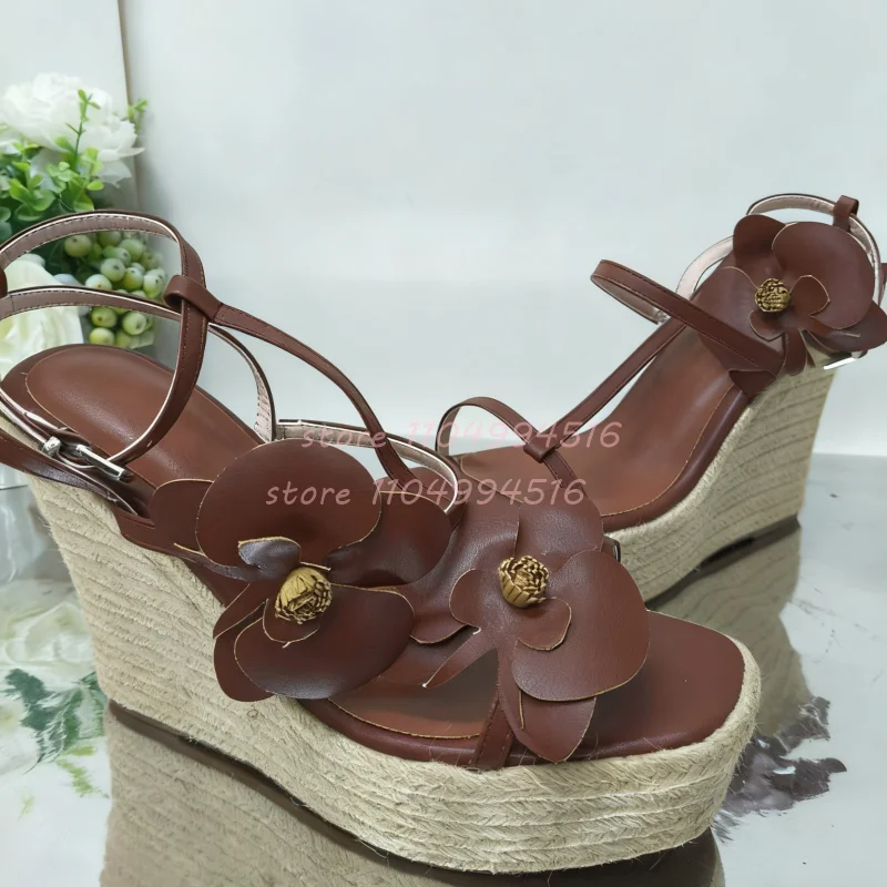 

Flower Decor Square Toe Platform Wedges Sandals Women T-Tied Open Toe Braided High Heels Fashion Trendy Party Vacation Lady Shoe