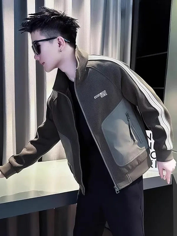 

Модная мужская куртка с воротником-стойкой в стиле пэчворк, весенне-осенняя вельветовая верхняя одежда, простая универсальная модель на молнии, украшенная декоративными элементами, приталенного кроя.