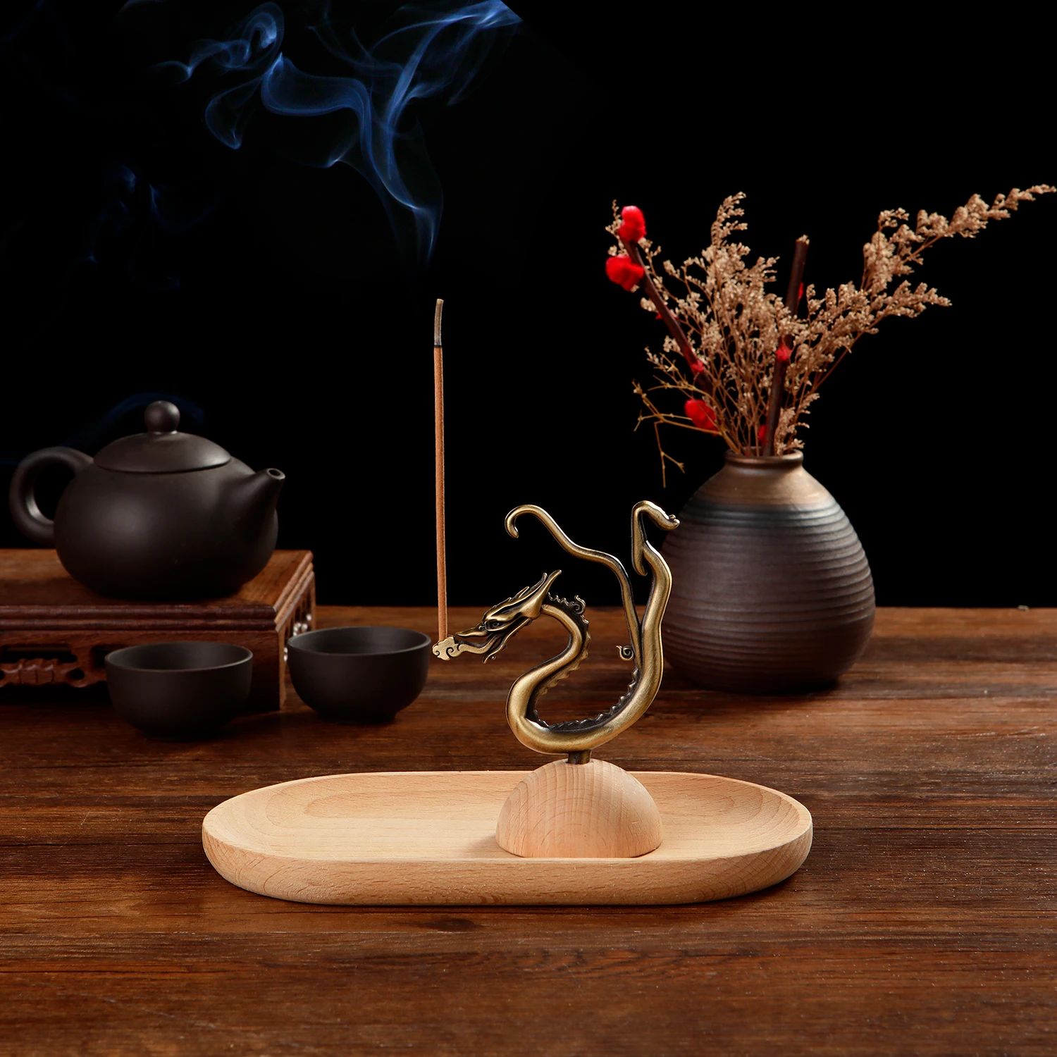 Chinese Dragon Incense Holder Wooden Incense Burner for Incense Stick Incense Plate Ash Catcher Home Decor
