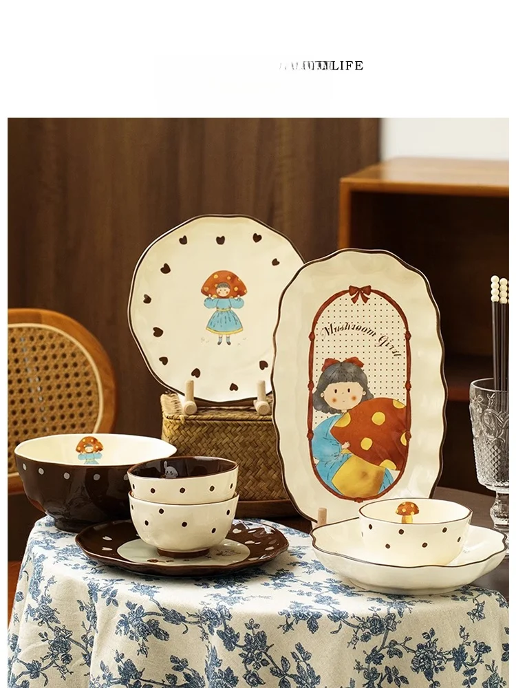 

Tlife Ceramic Girls Dining Set Japanese Retro Style Cartoon Anime Patterned Dinnerware Set for Couples Gift for Girls