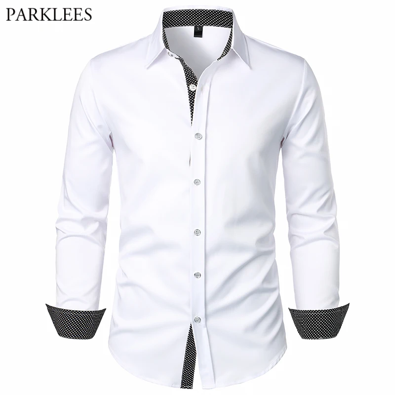 

Mens Fashion Polka Dots Patchwork Dress Shirts 2023 Brand New Long Sleeve Button Down Shirt for Men Business Formal Chemise 2XL