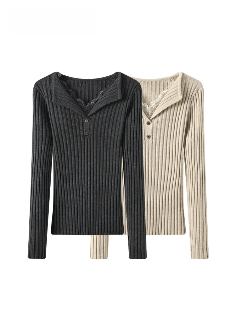 

Женский топ больших размеров с кружевными вставками, осенне-зимняя новинка, облегающий, универсальный, имитация двухслойного комплекта, полиэстер...