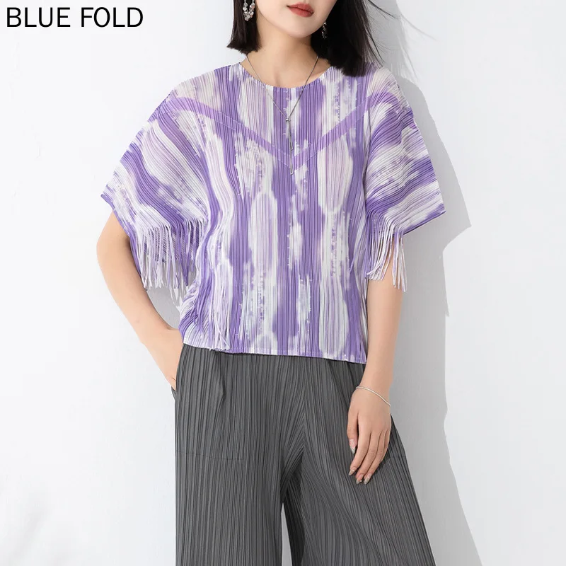 MIYAKE PLEATS-Women's Round Neck Pullover T-shirt, Summer Clothing, New Print, Bat Sleeve, Tassel Pleated Top, Fashion Design,