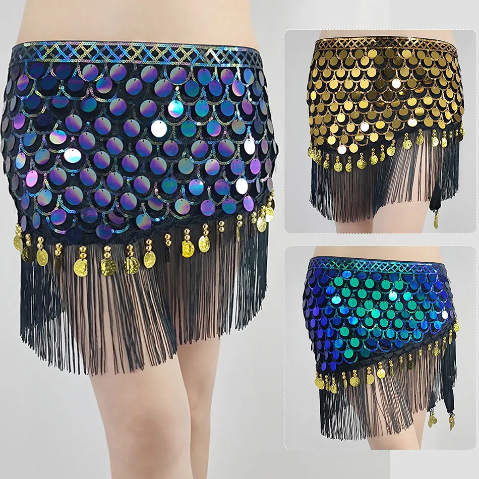 Belly Dance Hip Scarf Beads Sequins Fish Scales Tassels Waist Chain Dancing Belt For Adult Stage Performance Halloween Props