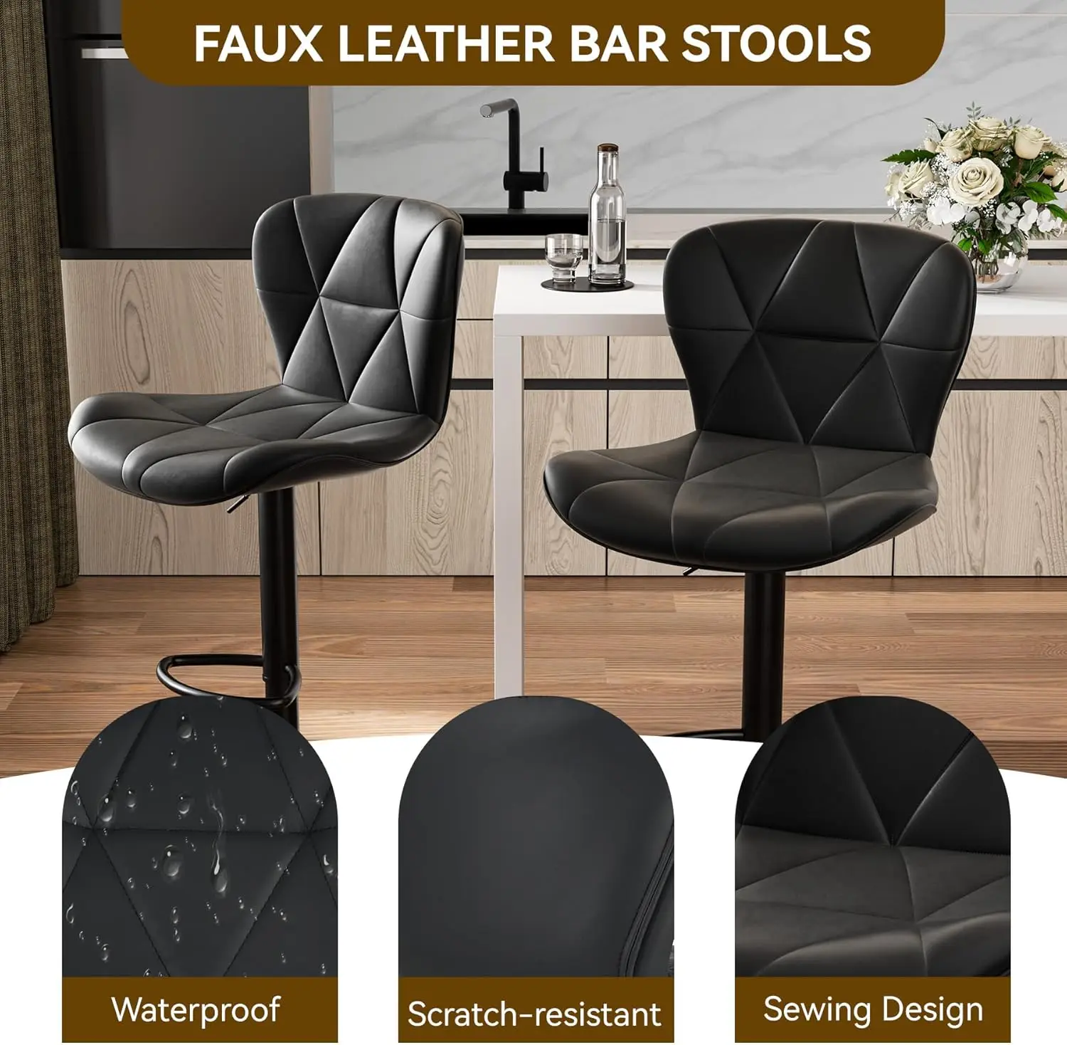 Bar Stools Set of 2, Adjustable Faux Leather Upholstered Swivel Bar Stools, Counter Height Bar Chairs with Back for Kitchen Isla