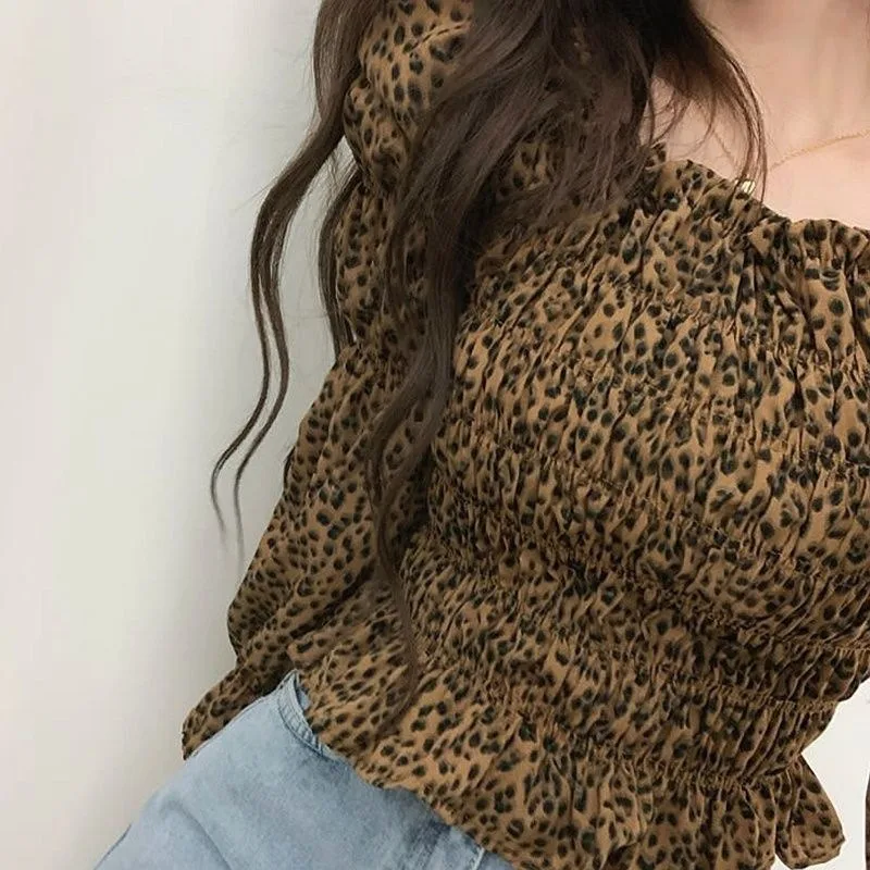 Women Casual Long Sleeve Cotton Linen Loose Shirt Elegant Solid Harajuku Leopard print Blouse Vintage Tops Y2K Streetwear Tunic