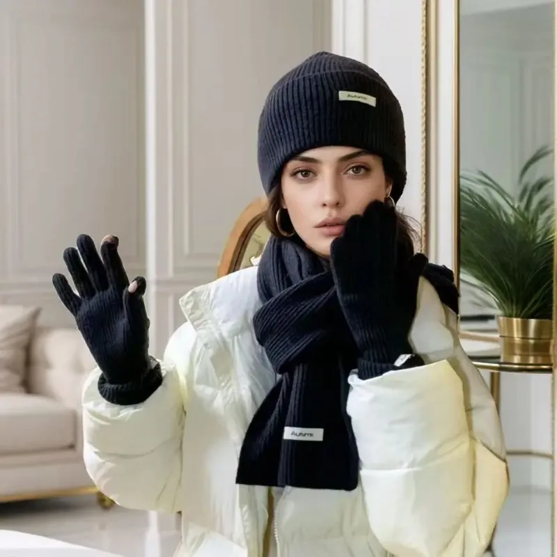 Herbst Winter frauen Hut & Handschuh Sets gestrickte Kalt-beweis Mode Touch handschuh Hüte Verdickte Schal Warme Drei-stück Sets frauen