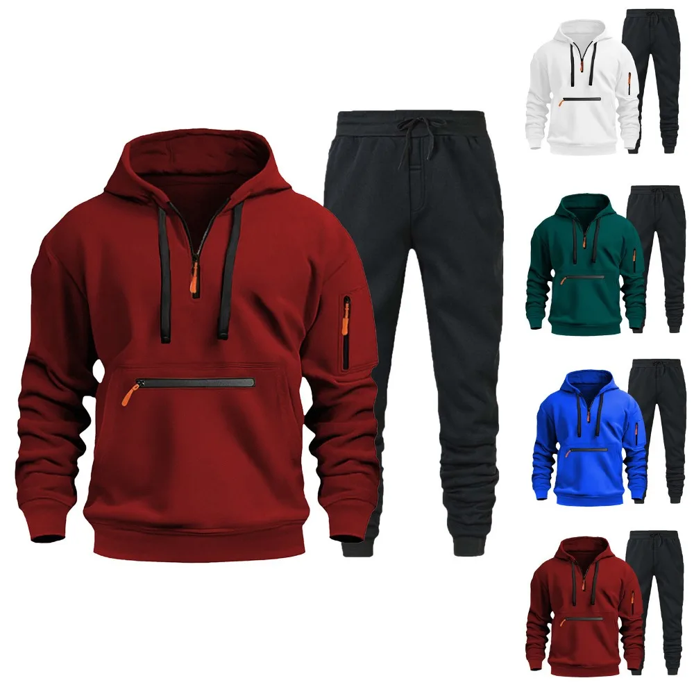 

New Men's Zip Up Hooded Sweatshirt Set, Multi Pocket Hoodie & Long Pants, Casual Sports Tracksuit