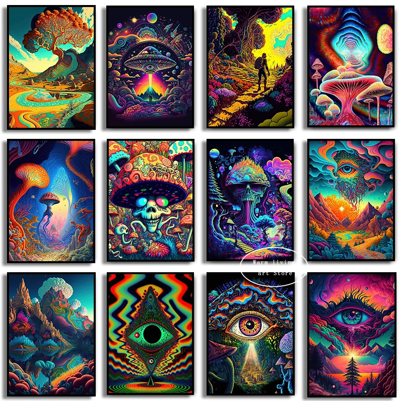 Neon Colorful Cosmic Psychedelic Character Metamorphosis Poster Aesthetic Mushroom Nature Canvas Print Wall Art Home Room Decor