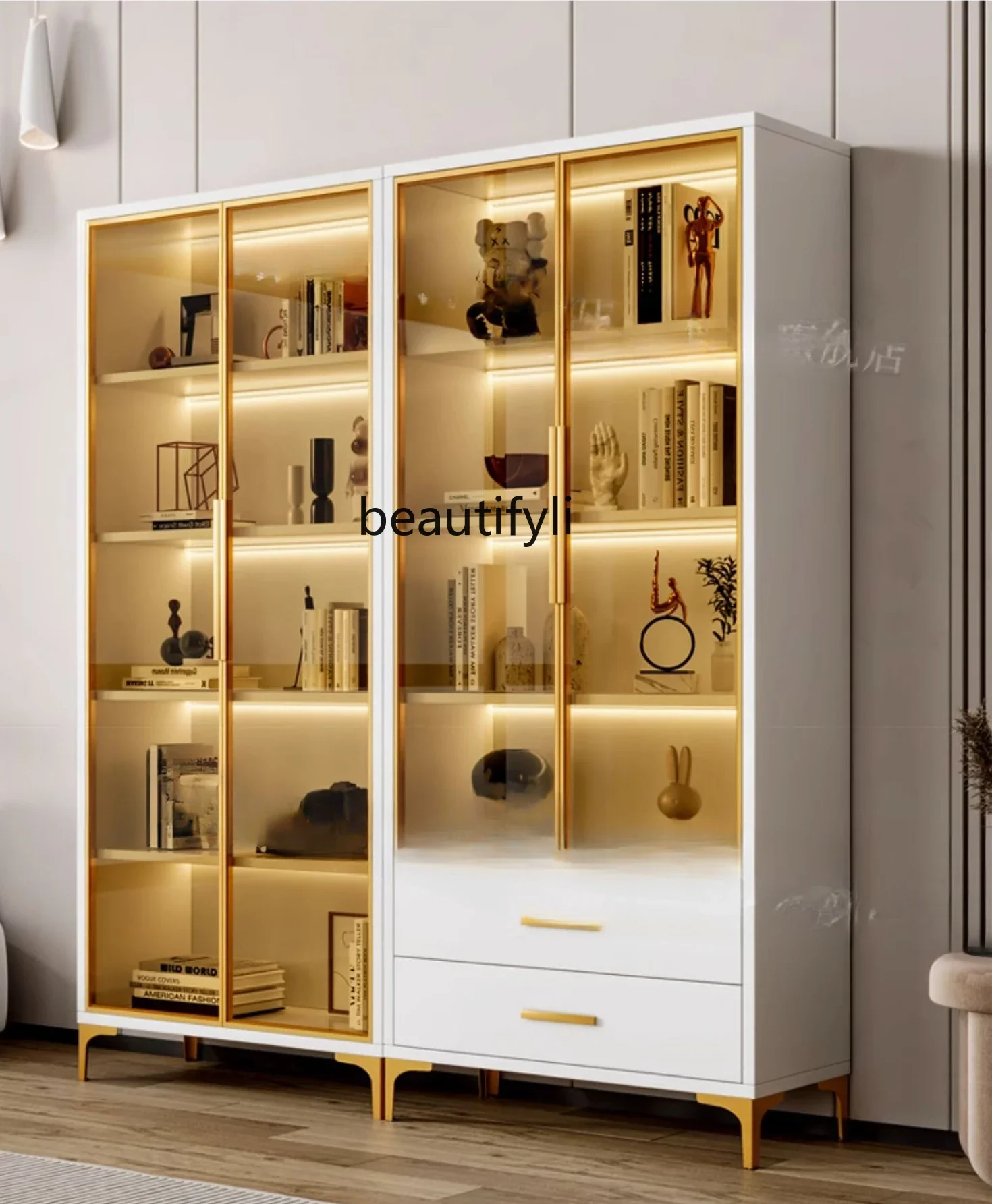 

Light Luxury Glass Door Bookcase Floor Wall Solid Wood Combination Display Living Room Study Storage Locker Bookcase