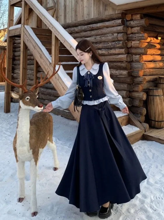 

plus Size Knitted High Waist A-Line Skirt Two-Piece Set Women's Autumn Winter College Sle Doll Collar Padded Jaet