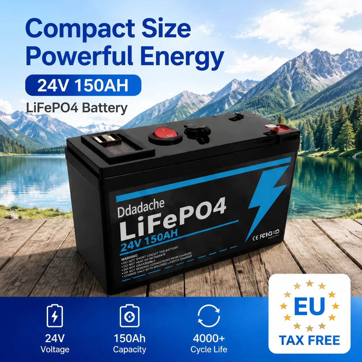 24V 150Ah LiFePO4 Lithium-Batterie mit integriertem BMS, wiederaufladbare Deep-Cycle-Batterie für Solaranlagen, Wohnmobile, Boote, Marine und Yachten