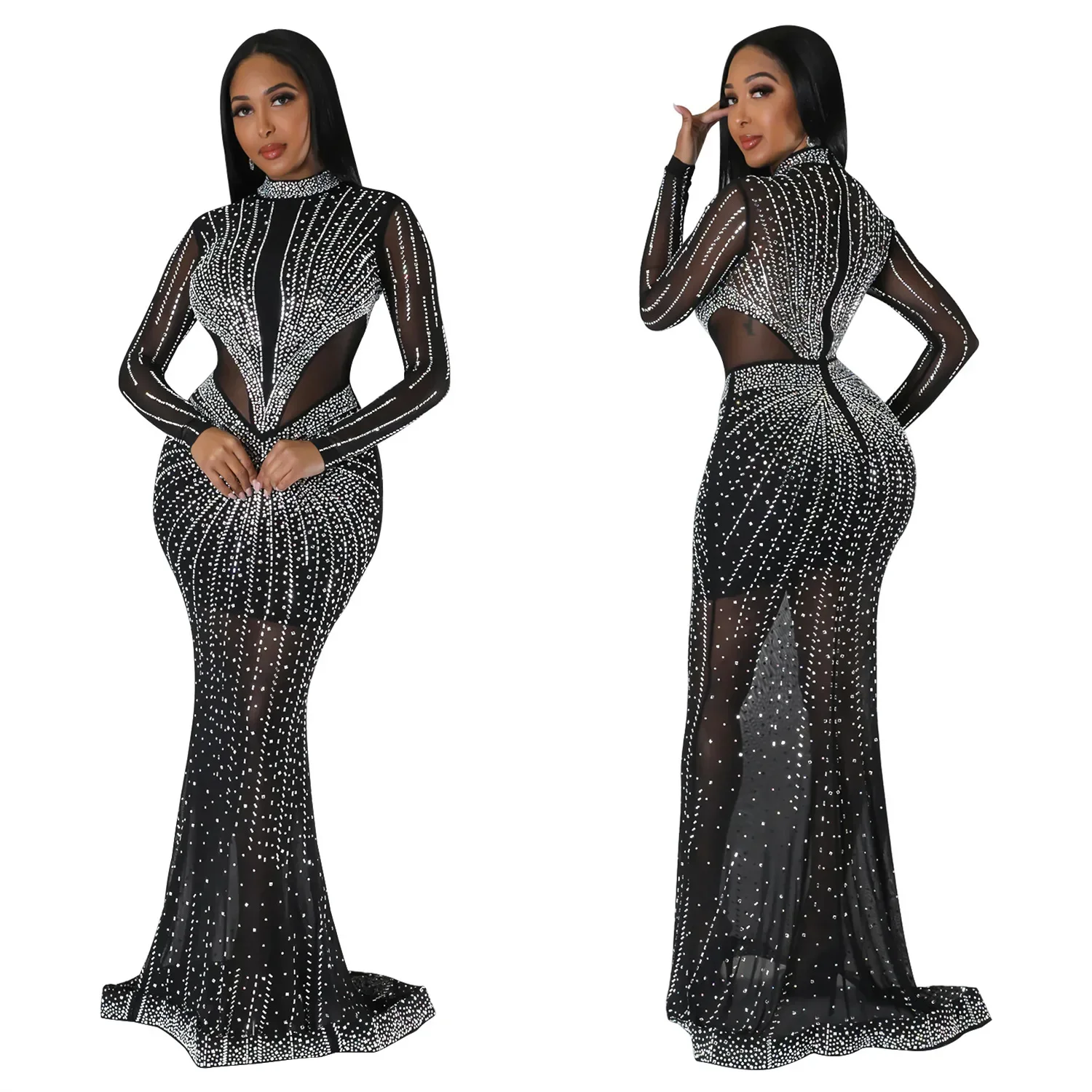 Szkzk Mesh Sheer Rhinestones Prom Bodycon Long Dresses Woment Birthday Party Night Clubwear Elegant Evening Diamond Maxi Dresses