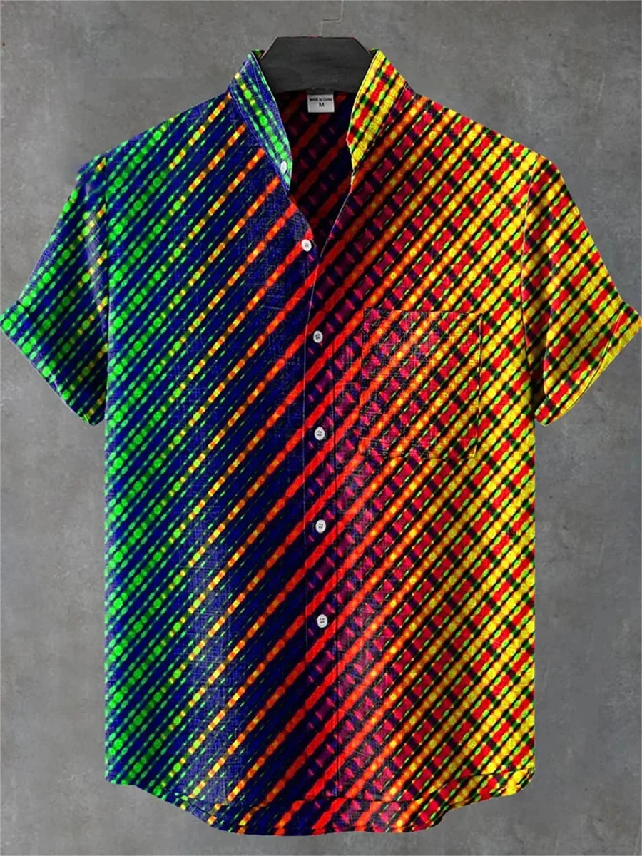 جديد الرجال قميص كتان ثلاثية الأبعاد مطبوعة شخصية حك نمط قميص الرجال عادية كم قصير علوي أنيق الوقوف طوق زر شير