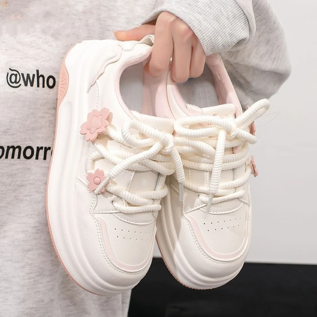 

2025 New Women's Thick Sole White Sneakers Height Increasing Breathable Versatile Casual Sporty Lace Up Shoes for Women