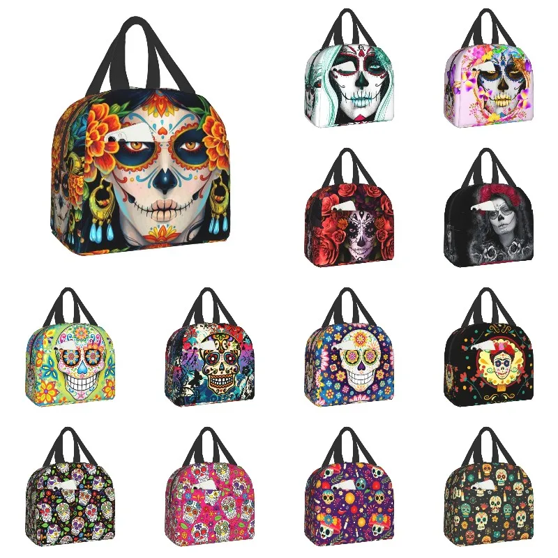 

Day Of The Dead Sugar Skull Insulated Lunch Bags for School Office La Calavera Catrina Warm Cooler Thermal Lunch Box Women Kids