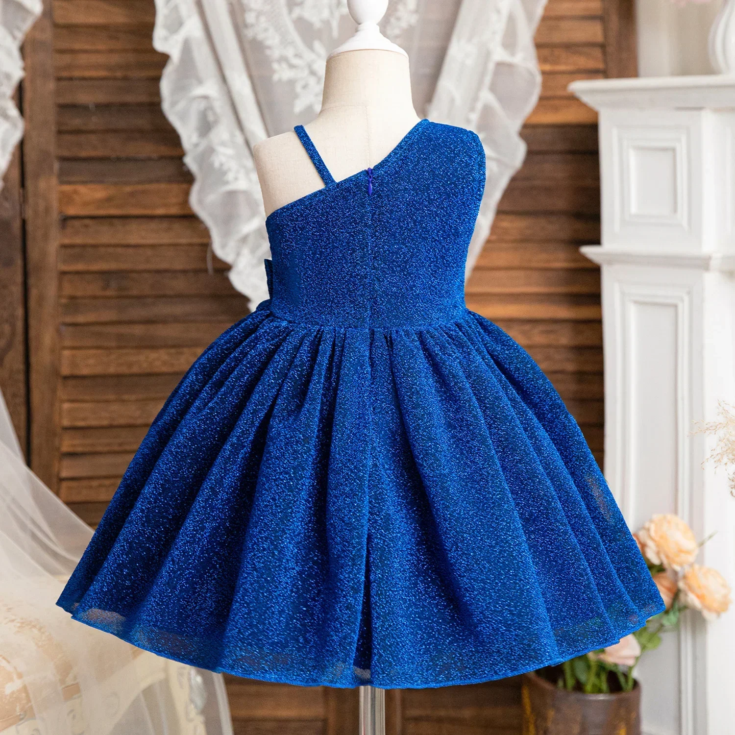 Elephant Girls Party Dresses Retro Royal Blue Velvet Sleeveless Dress 2024 New Clothing Formal Evening Gown Kid Birthday Clothes