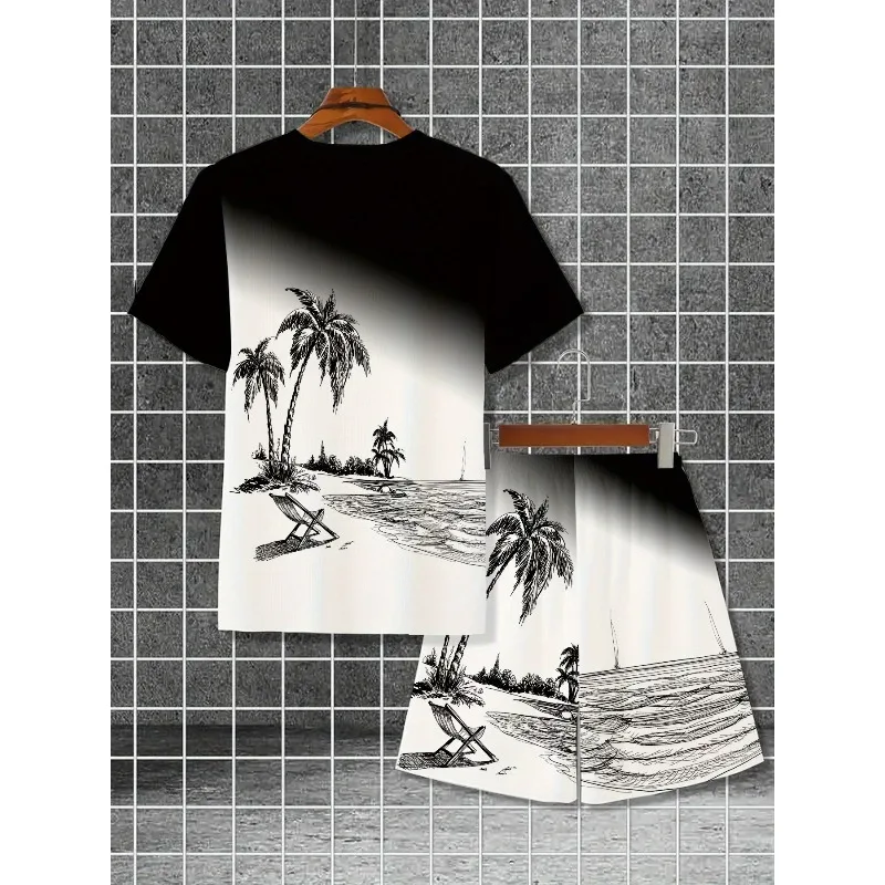2025 Summer Men's 3D Printed Short Sleeved T-shirt and Shorts Set Casual Outdoor Sports Resort Set Breathable