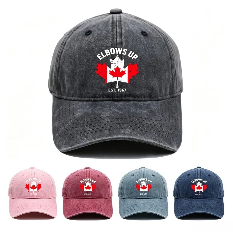 Vintage Washed Elbows Up EST.1867 Canada Maple Leaf Embroidery Baseball Cap Unisex Adjustable Curved Brim Dad Hat Casual Sun Hat