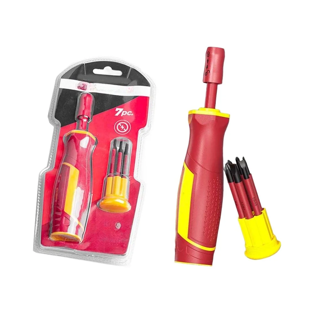 1000V Safe Screwdriver Set Magnetic Tips Slotted For cross Bit Support Ergonomic Red Handle Metal Construction 7pc 11pc