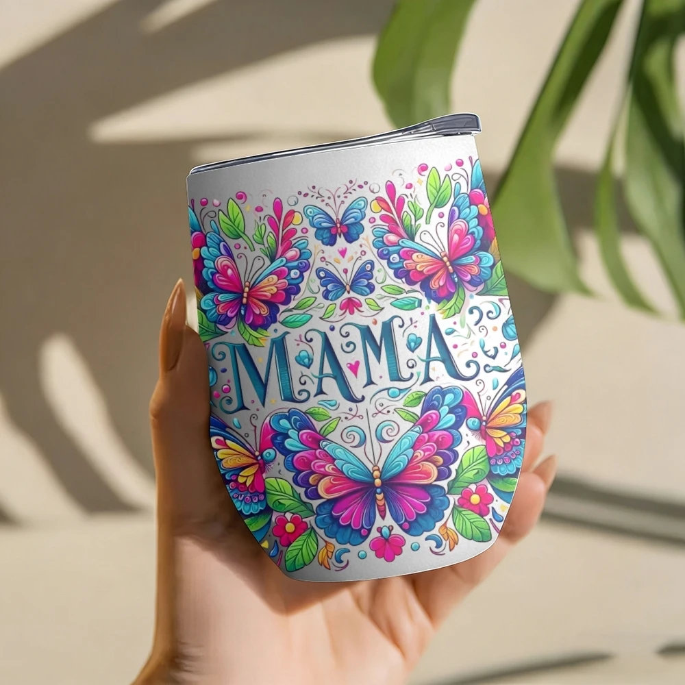 Muttertagsblumen Vakuumflaschen 12oz Isolierter Weintumbler Vakuum-Kaffeebecher Eierförmiger Thermobecher