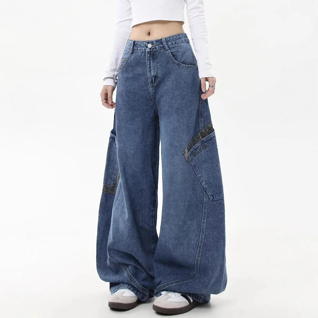 Uniesx Jeans 2025 Otoño Invierno nuevas mujeres pantalones vaqueros Retro desgastado leopardo Panel pierna ancha barril pantalones sueltos Slim Fit