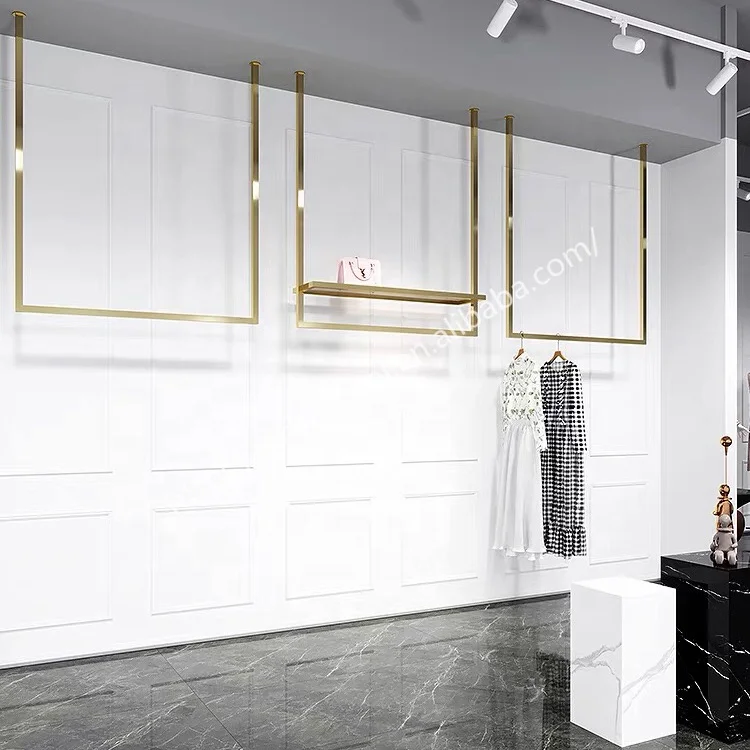 

Custom Garment Stand Clothes Women Shop Metal Gold Wall Mounted Pipe Clothing Rack For Clothing Store